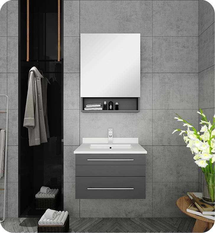 24" Gray Wall Hung Undermount Sink Modern Bathroom Vanity with Medicine Cabinet