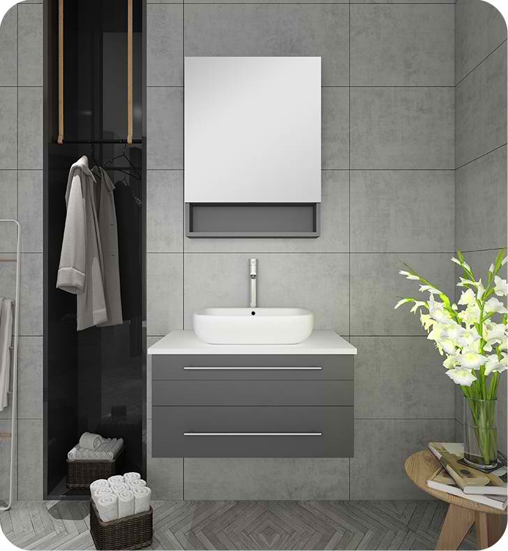30" Gray Wall Hung Vessel Sink Modern Bathroom Vanity with Medicine Cabinet
