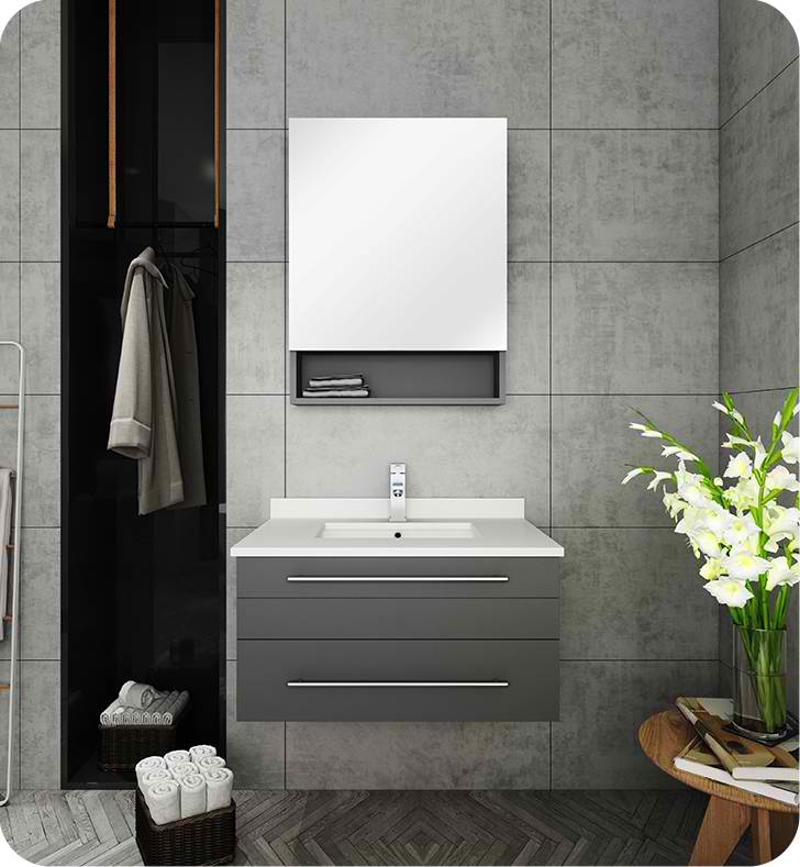 30" Gray Wall Hung Undermount Sink Modern Bathroom Vanity with Medicine Cabinet