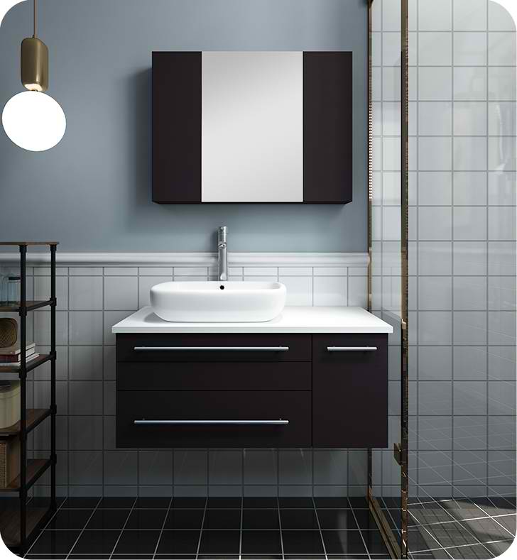 36" Espresso Wall Hung Vessel Sink Modern Bathroom Vanity with Medicine Cabinet - Right Version