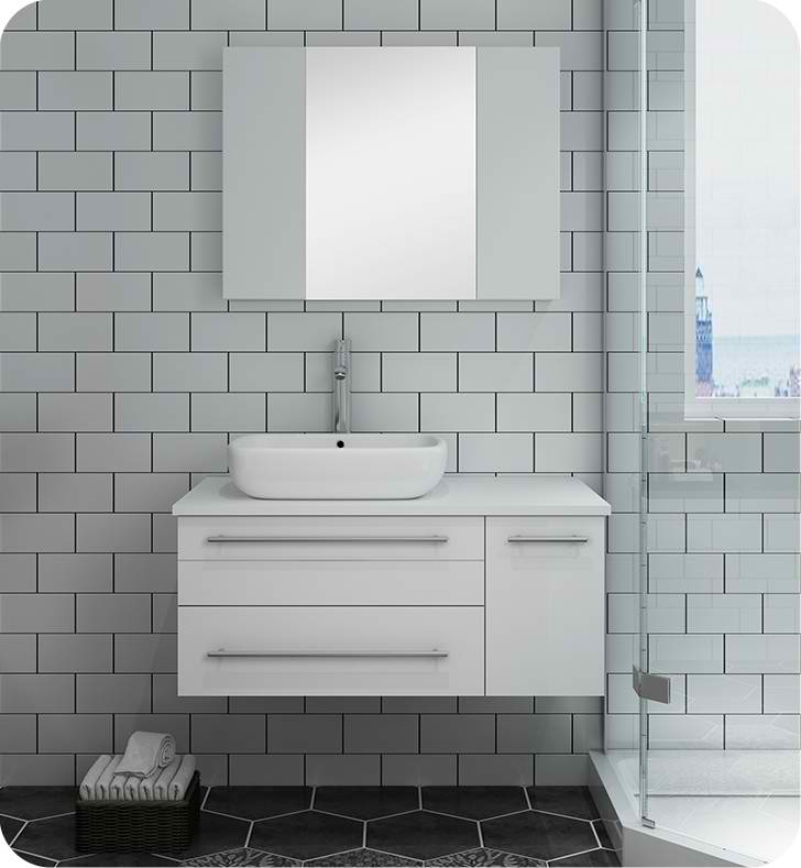 36" White Wall Hung Vessel Sink Modern Bathroom Vanity with Medicine Cabinet - Right Version