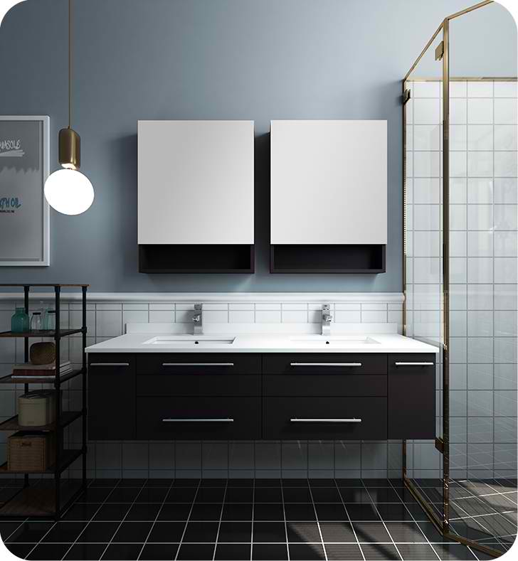 60" Espresso Wall Hung Double Undermount Sink Modern Bathroom Vanity with Medicine Cabinets