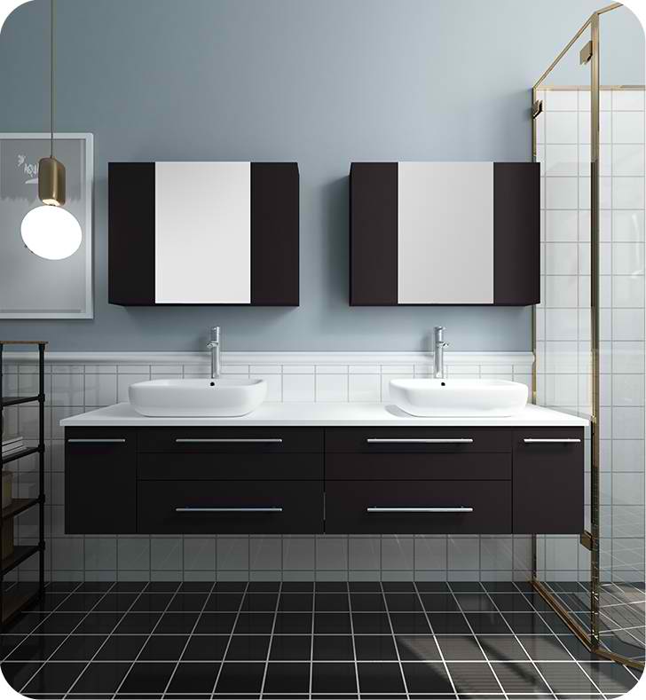 72" Espresso Wall Hung Double Vessel Sink Modern Bathroom Vanity with Medicine Cabinets