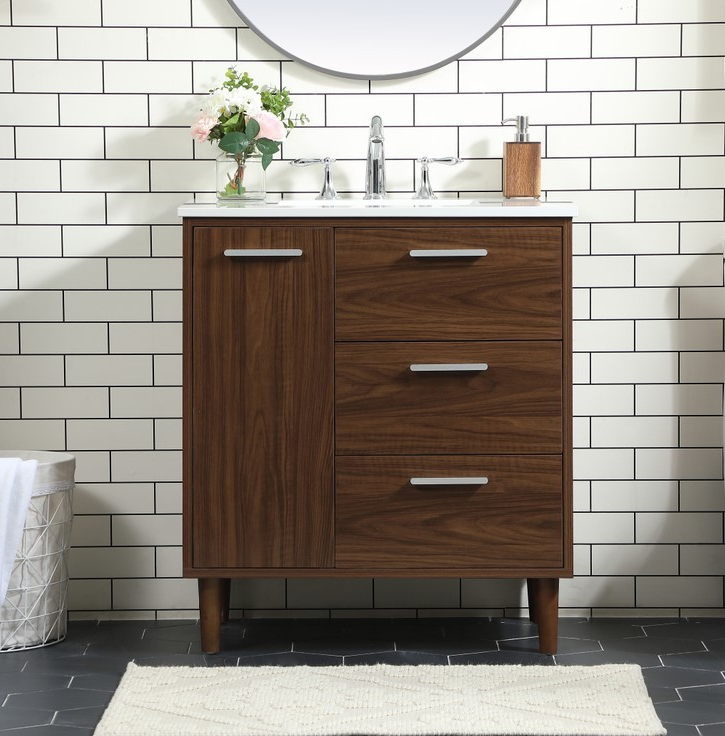 30 inch Modern Fitting Bathroom Vanity in Walnut with Backsplash Option