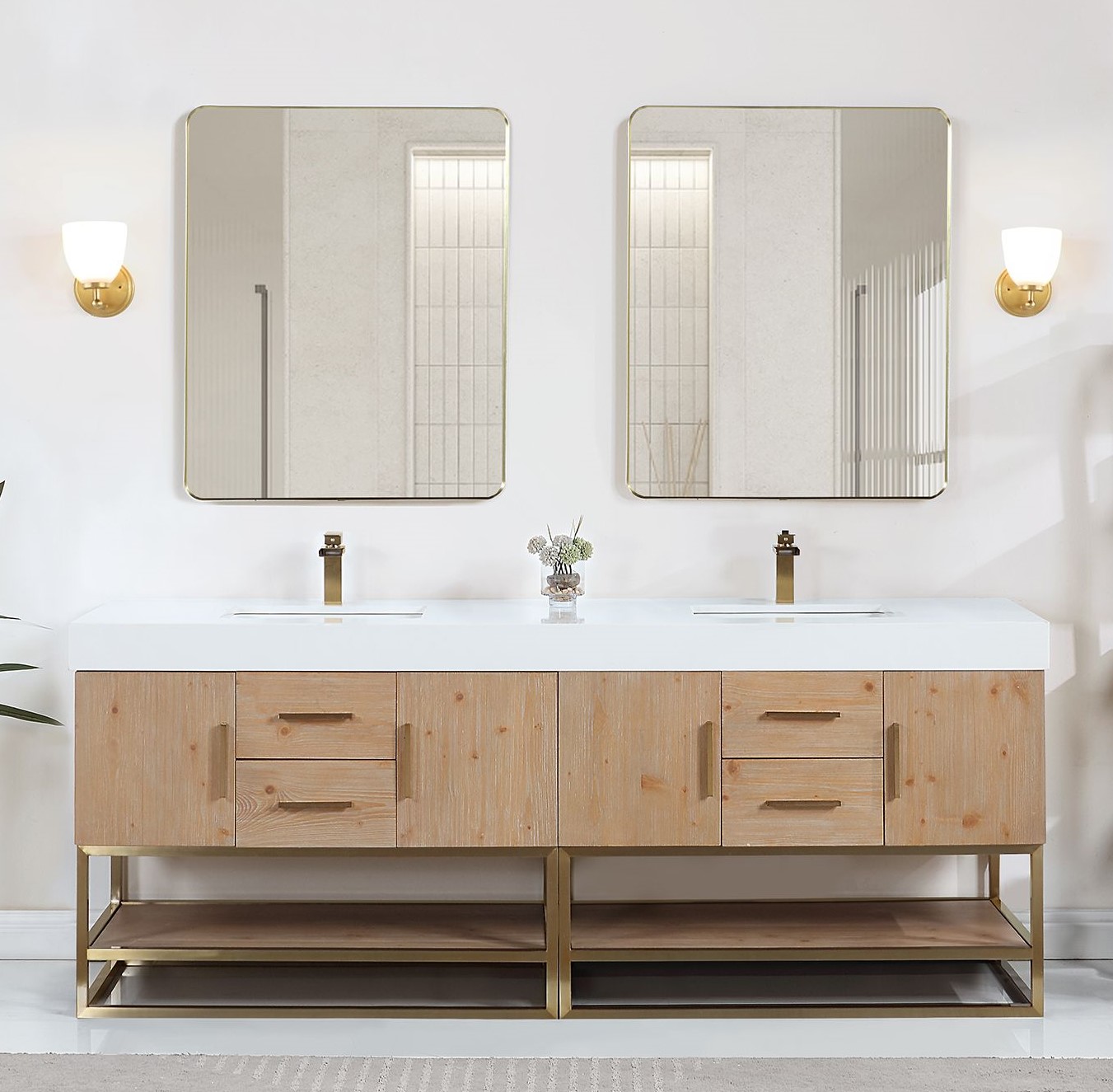 Issac Edwards 84" Double Bathroom Vanity in Light Brown with Brushed Gold Support Base and White Composite Stone Countertop with Mirror