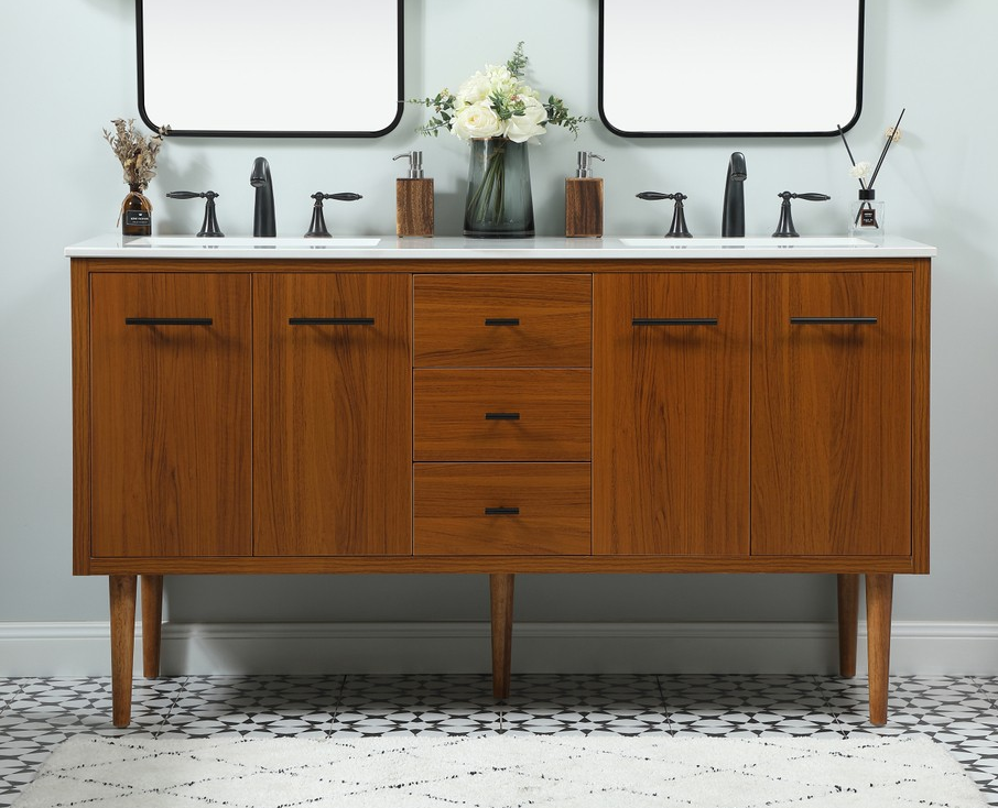 60 inch Double Bathroom Vanity in Teak Finish