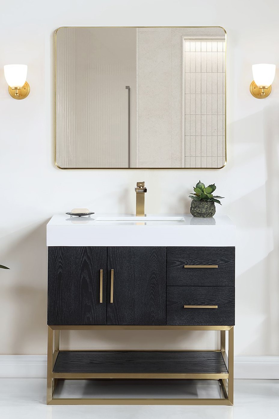 Issac Edwards 36" Single Bathroom Vanity in Black Oak with Brushed Gold Support Base and White Composite Stone Countertop with Mirror