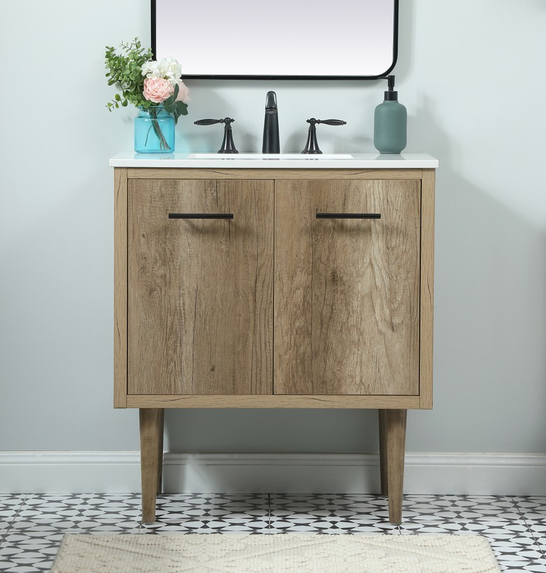 30 inch Single Bathroom Vanity in Natural Oak with matching Backsplash Option