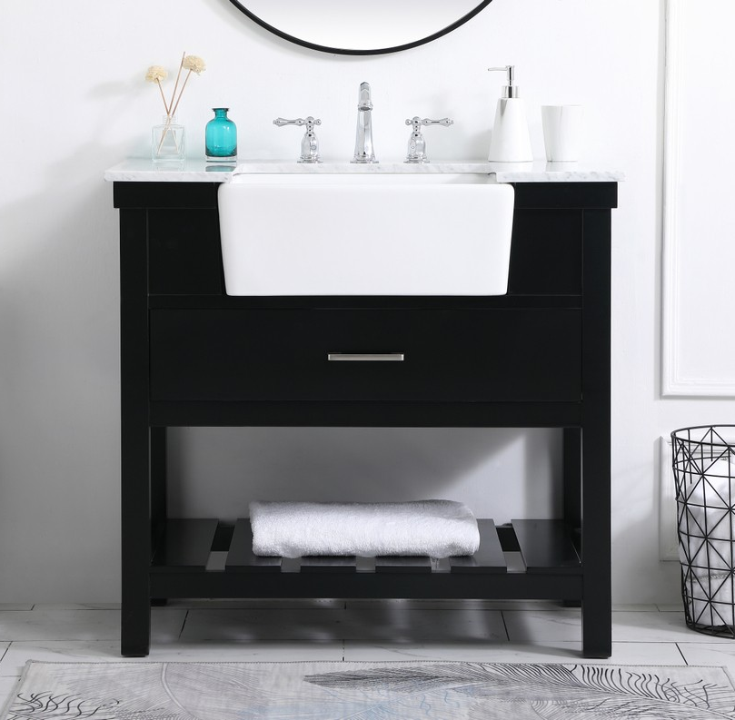 36 inch Single Bathroom Vanity in Black with Backsplash Option