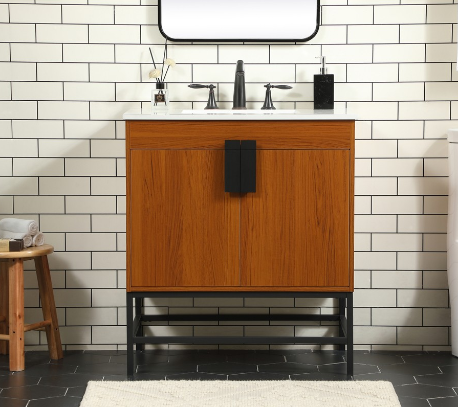 30 inch Single Bathroom Vanity in Teak Finish with backsplash Option