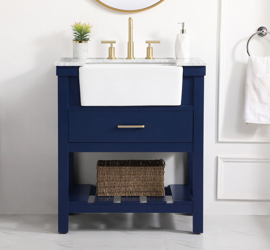 30 inch Single Bathroom Vanity in Blue with Three Finish Options and Backsplash Option