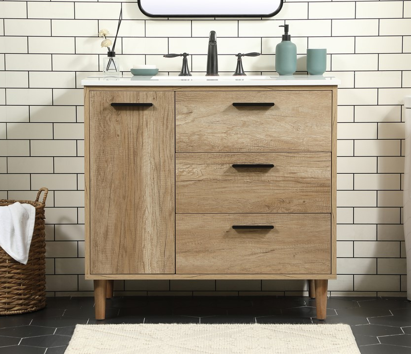 36 inch Modern Fitting Single Bathroom Vanity in Natural Oak with Backsplash Option