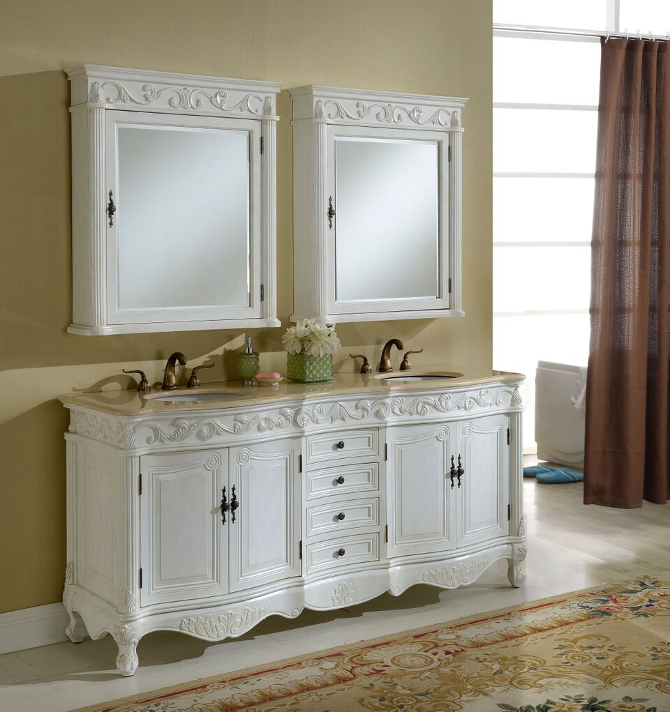 72" Antique White Finish Vanity with Mirror, Med Cab, and Linen Cabinet Options