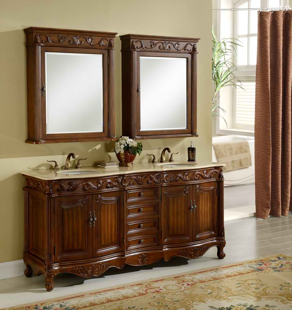 72" Antique Deep Chestnut Finish with Mirror, Med Cab, and Linen Cabinet Options
