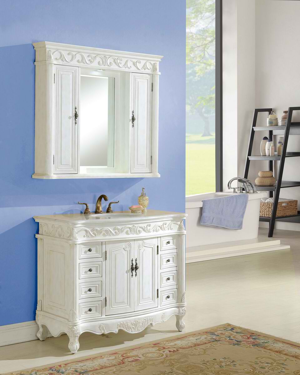 42" Antique White with Matching Medicine Cabinet, Imperial White Marble Top