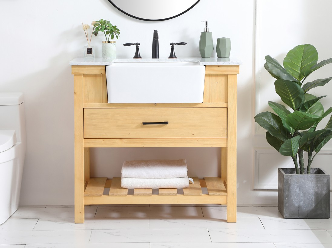 36 inch Single Bathroom Vanity in Natural Wood with Backsplash Options