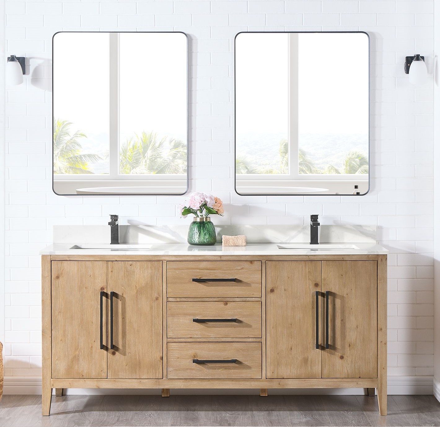 Issac Edwards 72" Double Bathroom Vanity in Weathered Fir with Calacatta White Quartz Stone Countertop
