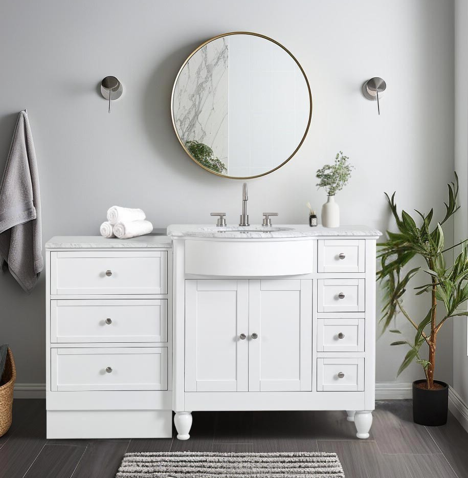 58-inch Carrara White Marble Top Single Sink on Left Side Bathroom Vanity in White