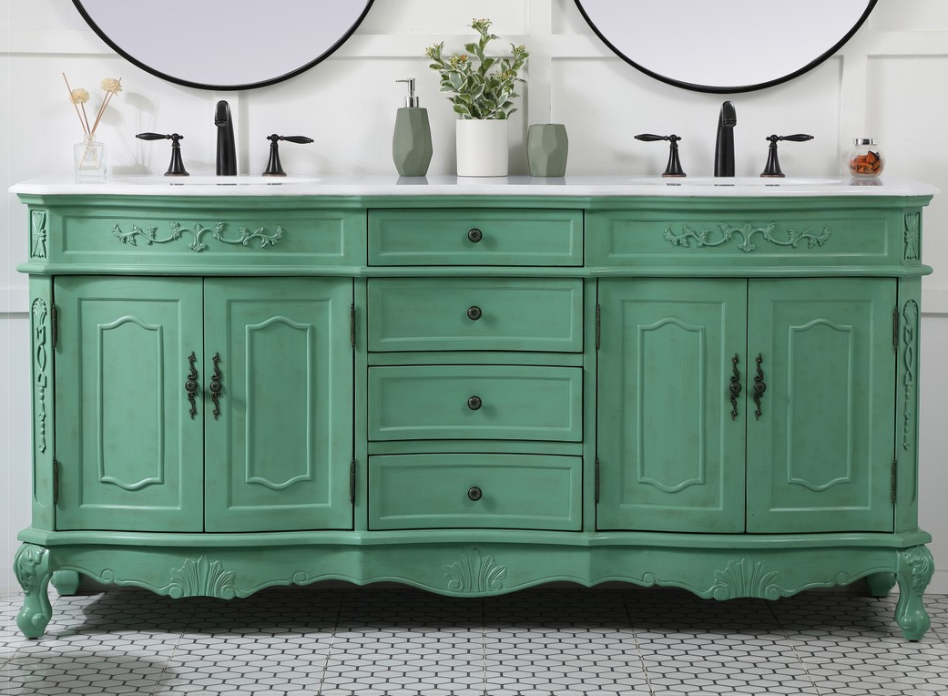 72 inch Adelina Double Bathroom Vanity in Vintage Mint with Ivory White Marble