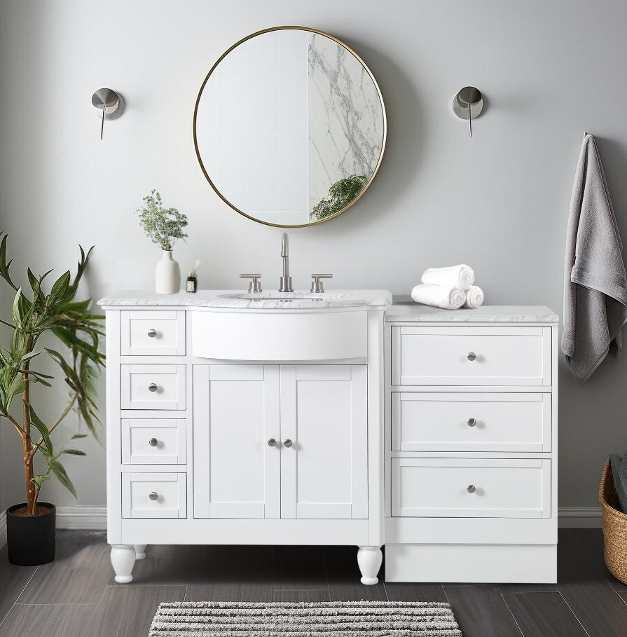 58-inch Carrara White Marble Top Single Sink on Right Side Bathroom Vanity in White