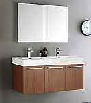 48" Teak Wall Hung Double Sink Modern Bathroom Vanity with Faucet, Medicine Cabinet and Linen Side Cabinet Option