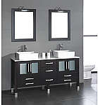 71" Solid Wood Bathroom Vanity with a White Porcelain Counter Top and Two Matching White Vessel Sinks, Two Mirrors, and Brushed Nickel Faucets and Drains