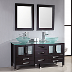 71" Solid Wood & Glass Double Vessel Sink Vanity Set with Polished Chrome Faucets