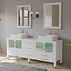 71" Solid Wood Vanity with a Porcelain Counter Top and Two Matching Vessel Sinks, Two Long-Stemmed Faucets options and Drains