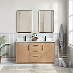Issac Edwards 60 Free-standing Double Bath Vanity in Fir Wood Brown with White Grain Composite Stone Top and Mirror