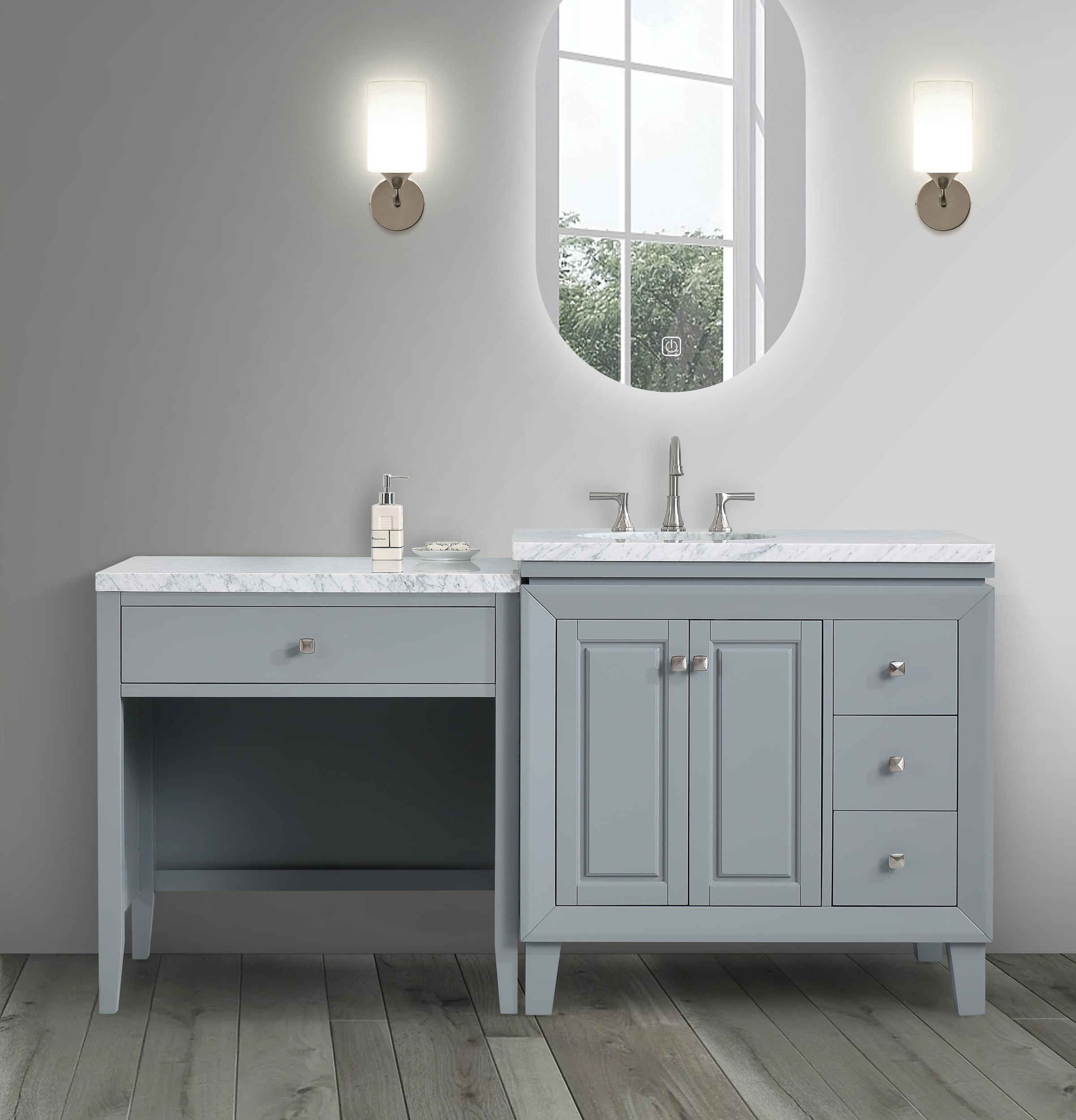 67-inch Carrara White Marble Top Single Sink on Left Side Bathroom Vanity in Gray