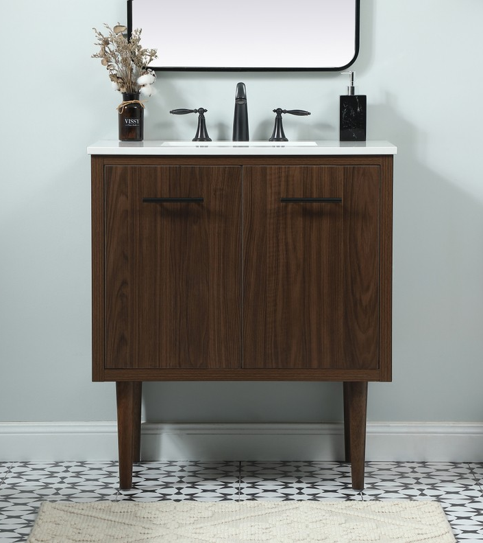 30 inch Single Bathroom Vanity in Walnut with matching Backsplash Option