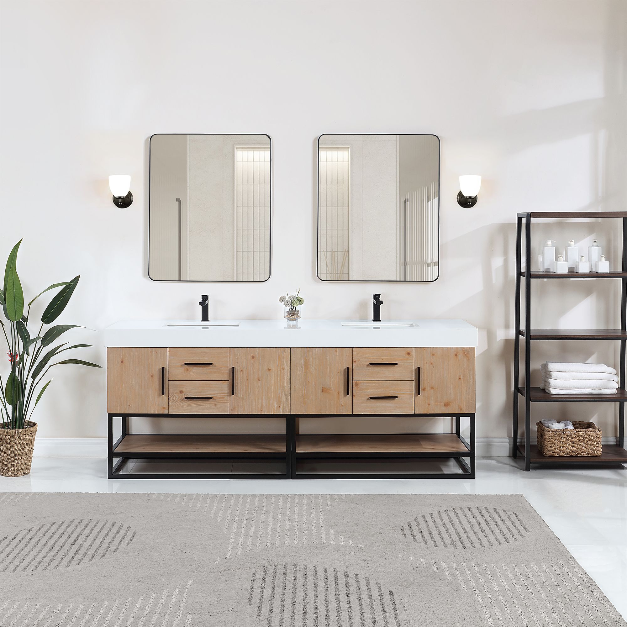 Issac Edwards 84" Double Bathroom Vanity in Light Brown with Matte Black Support Base and White Composite Stone Countertop with Mirror