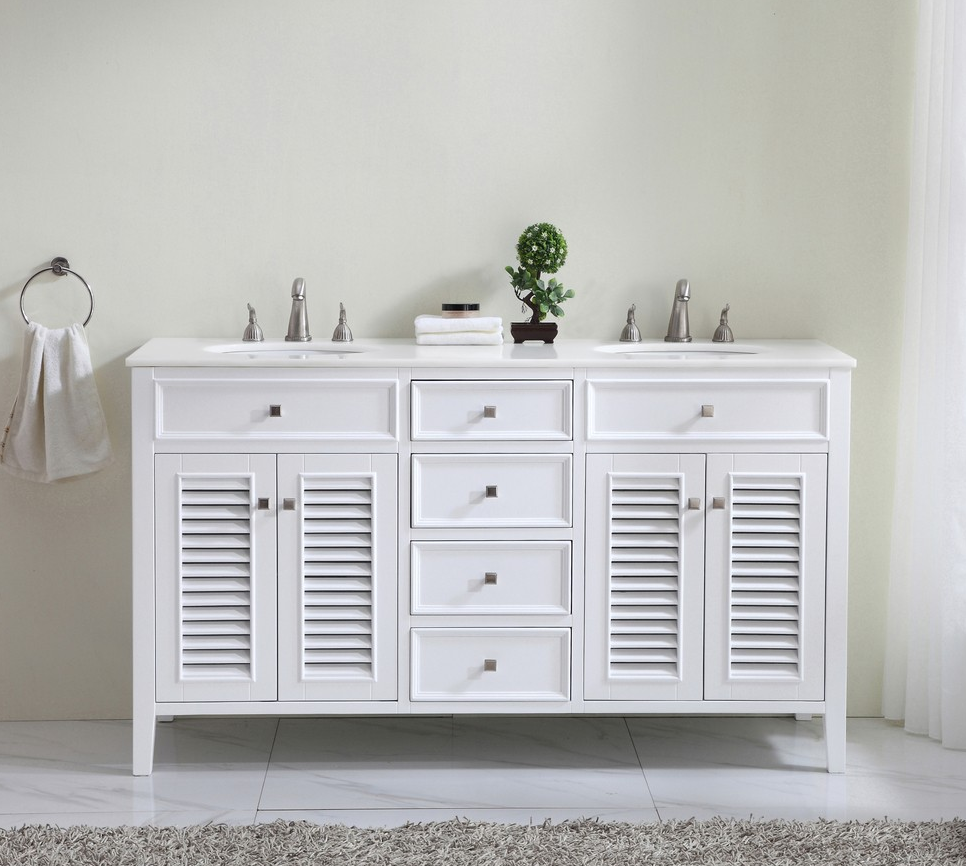 60 inch Double Bathroom Vanity in White with Ivory White Marble