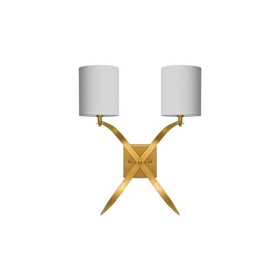 Two Arm Scone with White Linen Shade in Gold Leaf or Silver Leaf Option