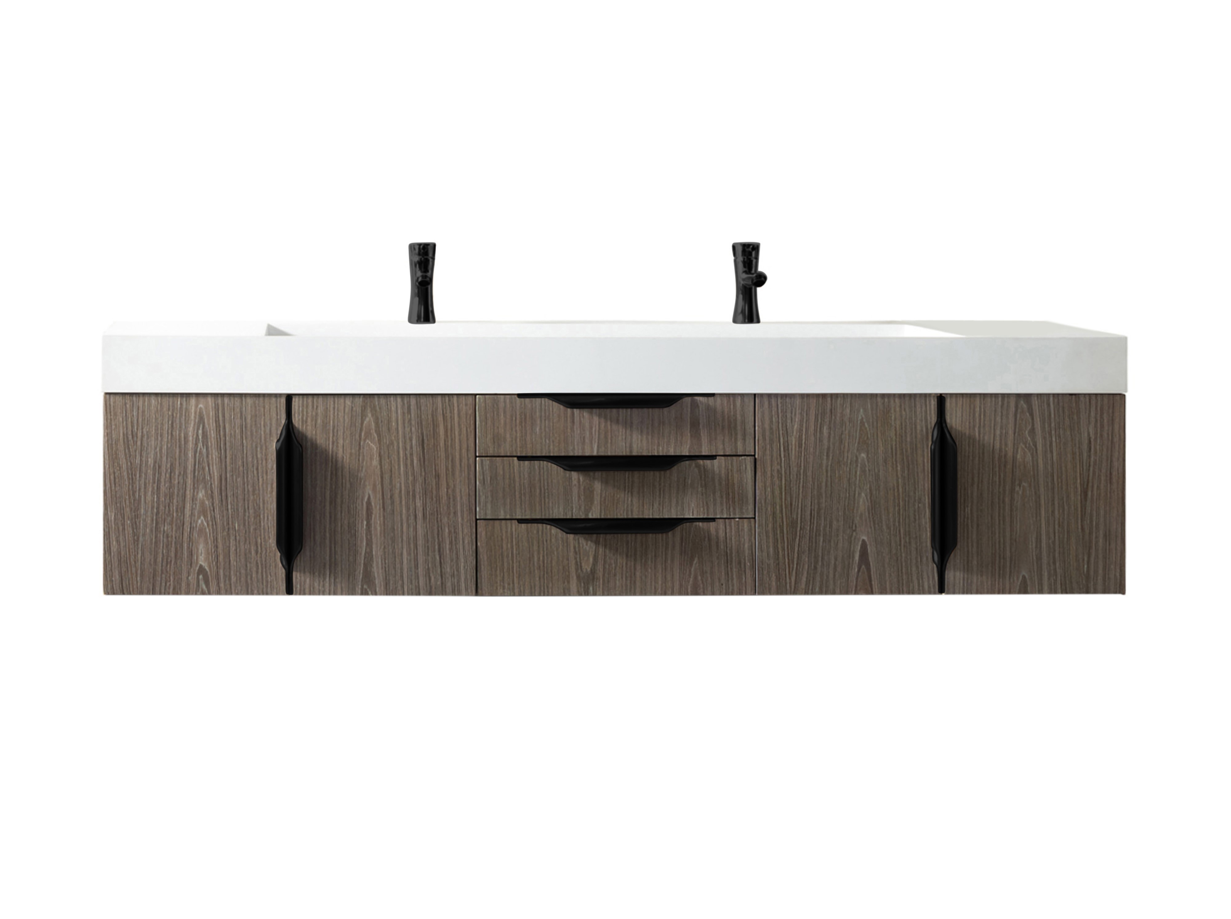 James Martin Columbia 72" Double Wall Mount Vanity, Ash Gray, w/ Glossy White Composite Stone Top and Hardware Finish Options